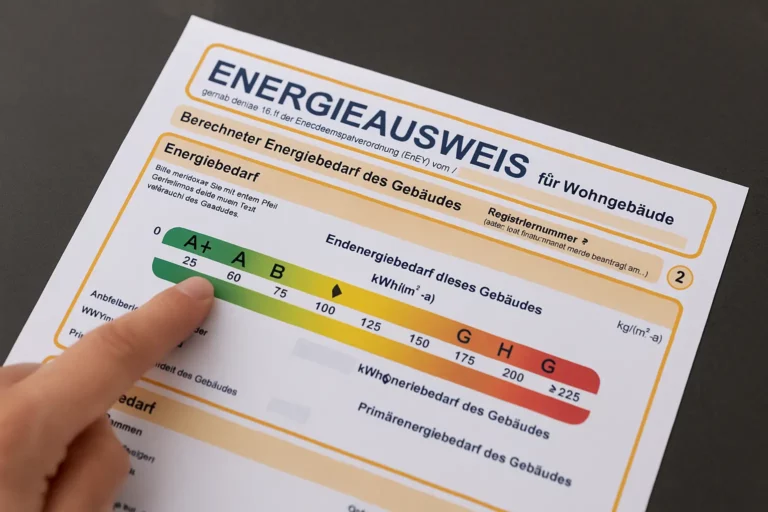 Eine Hand zeigt auf einen Energieausweis mit dem berechneten Energiebedarf des Gebäudes und den entsprechenden Energieeffizienzklassen.