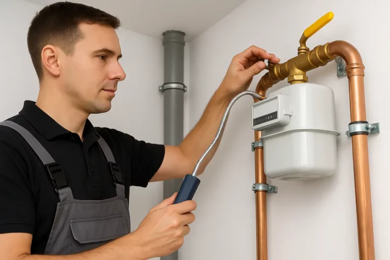 Ein Installateur prüft mit einem speziellen Werkzeug einen Gaszähler, der an Kupferrohren montiert ist.
