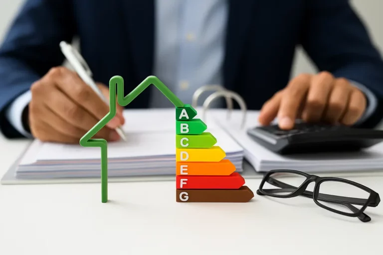 Ein Mann im Anzug bewertet die Energieeffizienz eines Hauses anhand eines grafischen Ratingsystems auf einem Tisch voller Unterlagen und eines Rechners.